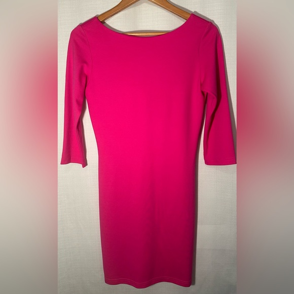Amanda Uprichard Fuchsia Pink 3/4 Sleeve V-Back Stretch Fitted Dress Size Medium - Picture 2 of 12